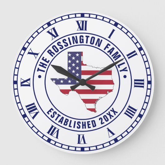 テキサス州USAスターズストライプズMapファミリー名Dt Estd ラージ壁時計 (正面)