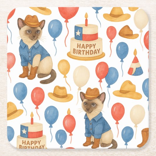 テキサス猫好きのための誕生日テーマ スクエアペーパーコースター (正面)