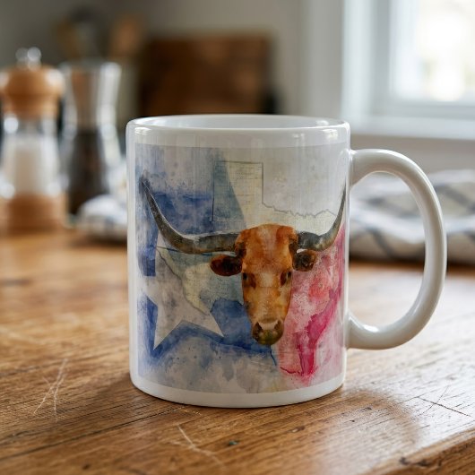 テキサス・ロングホーン牛と旗の水彩画アート コーヒーマグカップ