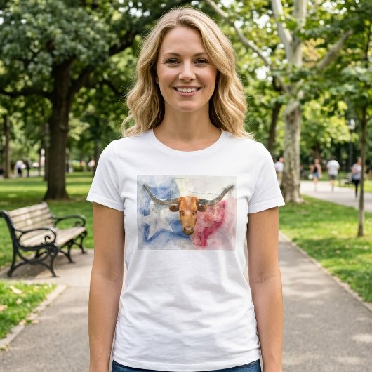 テキサス・ロングホーン牛と旗の水彩画アート Tシャツ