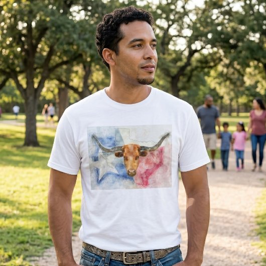 テキサス・ロングホーン牛と旗の水彩画アート Tシャツ