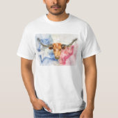 テキサス・ロングホーン牛と旗の水彩画アート Tシャツ (正面)