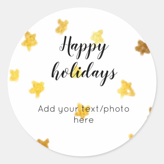 テキスシンプルト写真を追加ミニマルハッピーホリデー ラウンドシール (正面)