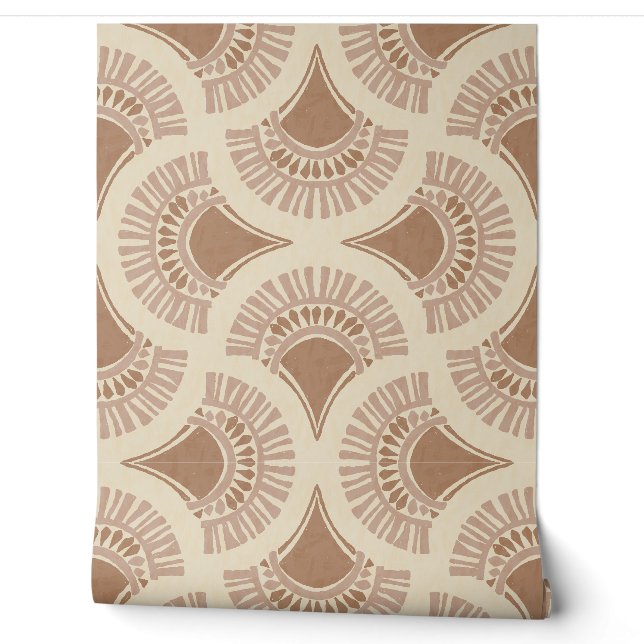 テキスチャー ボホ 幾何学 太陽 ファン キャメルブラウン 壁紙 (ほどく)