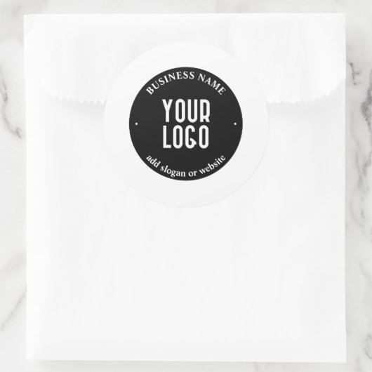 テキストとアップロードされたロゴ | 編集可能な黒と白 ラウンドシール (バッグ)