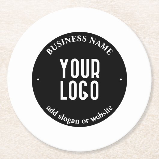 テキストとアップロードされたロゴ | 編集可能な黒と白 ラウンドペーパーコースター (正面)