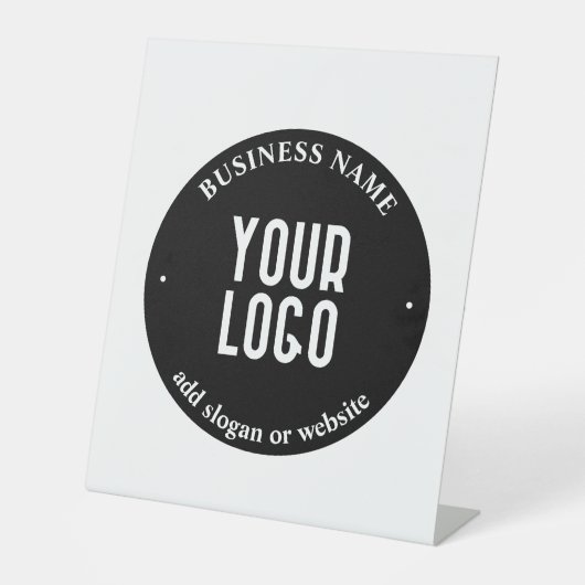 テキストとアップロードされたロゴ | 編集可能な黒と白 台座サイン (正面)