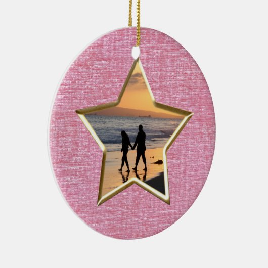 テキストと写真：ピンクの星形の写真枠 セラミックオーナメント (右)