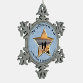 テキストと写真:青い星形の写真枠 スノーフレークピューターオーナメント (左)