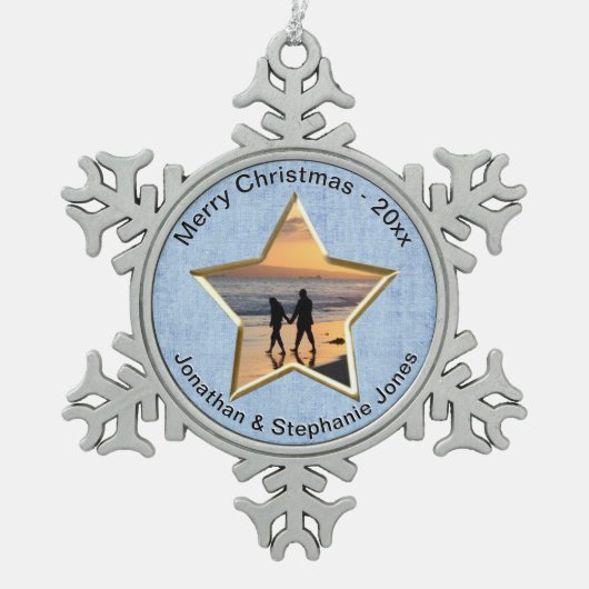 テキストと写真:青い星形の写真枠 スノーフレークピューターオーナメント (正面)