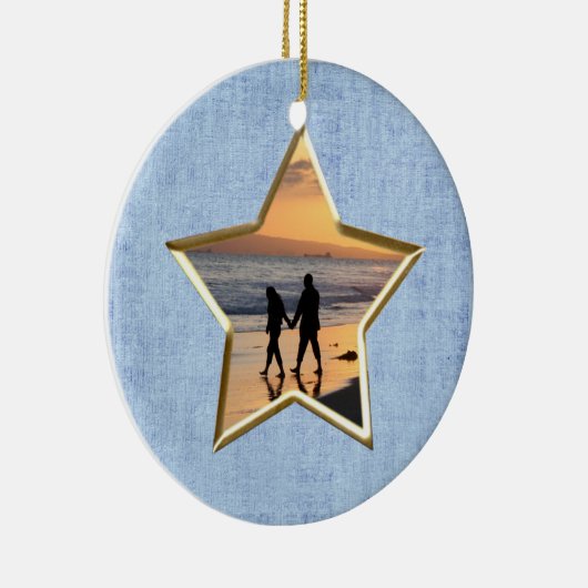 テキストと写真：青い星形の写真枠 セラミックオーナメント (右)