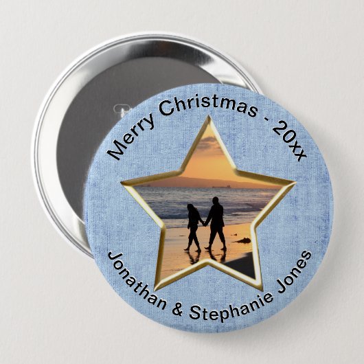 テキストと写真：青い星形の写真枠 缶バッジ (正面&裏面)