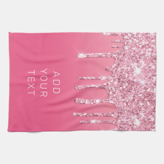 テキストの追加ピンクグリッターの滴下 キッチンタオル (横)