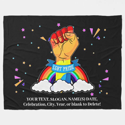 テキストの追加、ゲイプライドレインボー拳クラウド フリースブランケット (正面(横))