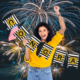 テキストはこちら金ゴールドの黒いストライプパターン バンティングフラッグ