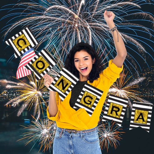 テキストはこちら金ゴールドの黒いストライプパターン バンティングフラッグ