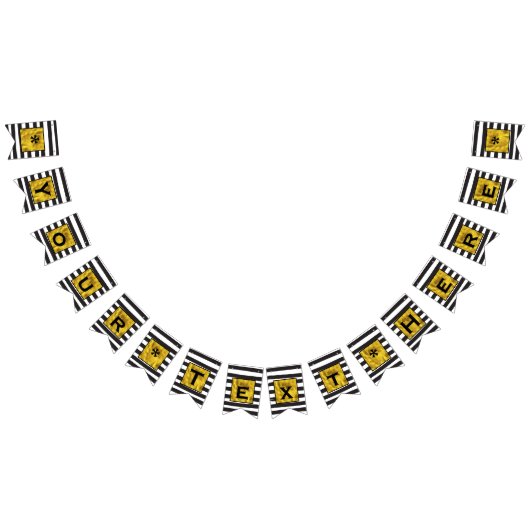 テキストはこちら金ゴールド、白黒ストライプ文字 バンティングフラッグ (全)