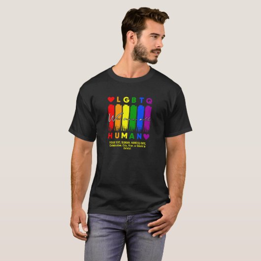 テキストを追加する、我々は全ての人間LGBTレインボーブラック Tシャツ (正面フル)