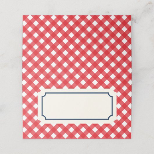 テキストを青で赤いギンガムに追加縁ど プレイスカード (外部開封)