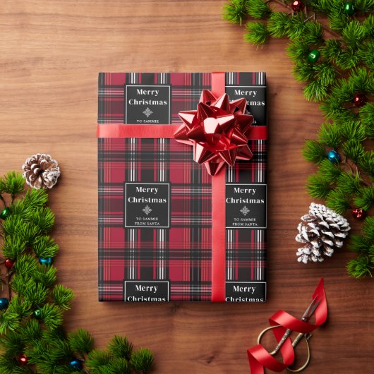 テキスト付きの赤と黒のチェック柄タータン ラッピングペーパー (クリスマスギフト)