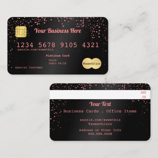 テキスト紙吹雪クレジットカード黒ピンク 名刺 (正面/裏面)