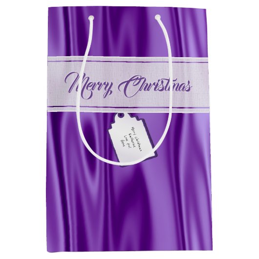 テキスト |エレガントクリスマスパープルサテン ミディアムペーパーバッグ (正面)