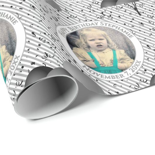 テキスト。フォトグレー/白のシンプルストライプ ラッピングペーパー (ロールコーナー)