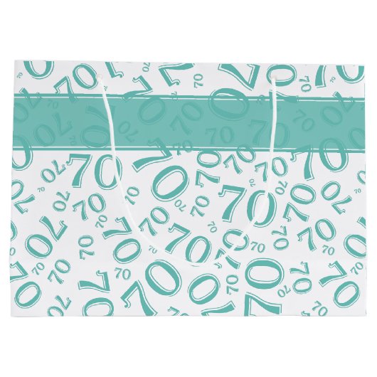 テキスト： 70番目の誕生日ティール（緑がかった色）番号70パターン ラージペーパーバッグ (裏面)
