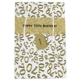 テキスト： 70番目の誕生日金ゴールド番号70パターン ミディアムペーパーバッグ
