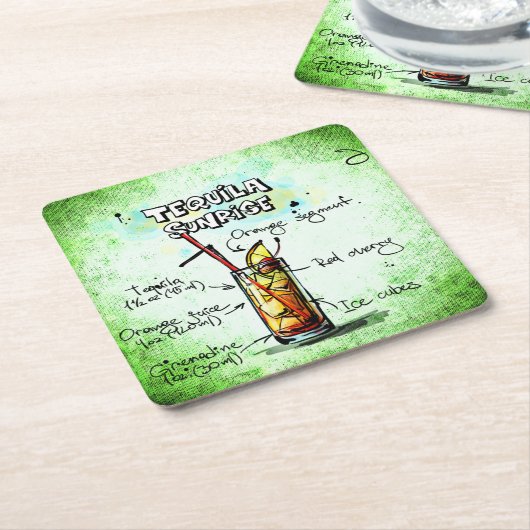 テキラサンライズドリンクレシピ スクエアペーパーコースター (アングル)