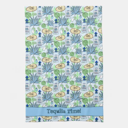 テキラタイムカクテルアゲーブプラントとソンブレロス キッチンタオル (縦)