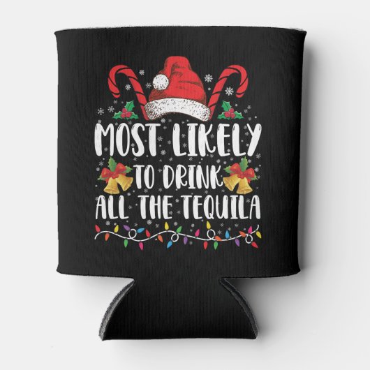 テキーラを飲み干す可能性大 楽しいクリスマスのおもしろTシャツ 缶クーラー (正面)