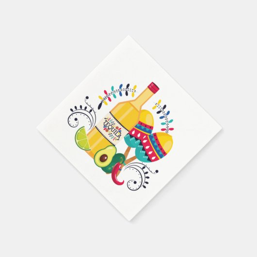 テキーラ、マラカスのメキシコフォークアート スタンダードカクテルナプキン (角)