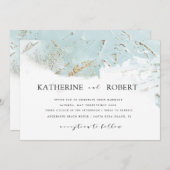 テクスチフェイクルブルーモダン結婚金ゴールド箔 招待状 (正面/裏面)