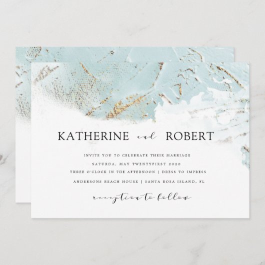 テクスチフェイクルブルーモダン結婚金ゴールド箔 招待状 (正面/裏面)