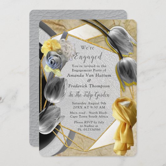 テクスチャのグレーと黄色のチューリップ。 招待状 (正面/裏面)