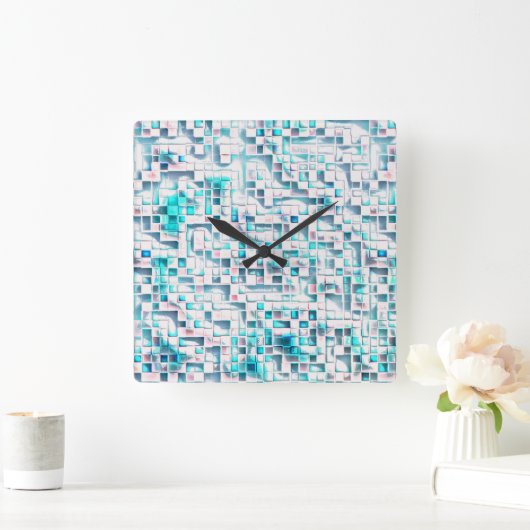 テクスチャの粗いスタイル、モザイク正方形の青いタイル スクエア壁時計 (ホーム)