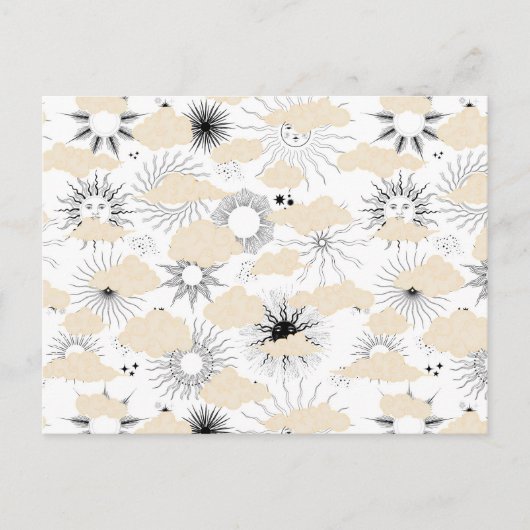 テクスチャの黄褐色の雲の背後にある様式化された黒い太陽 ポストカード (正面)