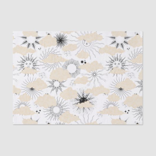 テクスチャの黄褐色の雲の背後にある様式化された黒い太陽 薄葉紙 (正面)