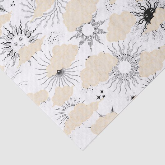 テクスチャの黄褐色の雲の背後にある様式化された黒い太陽 薄葉紙 (詳細)