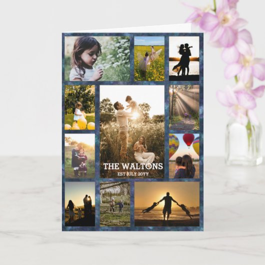 テクスチャエレガント付き青フレームファミリフォトコラージュ カード (蘭)