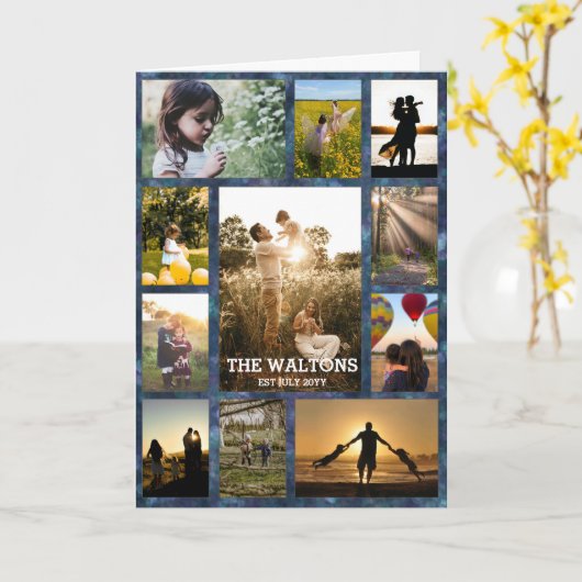 テクスチャエレガント付き青フレームファミリフォトコラージュ カード (黄色い花)
