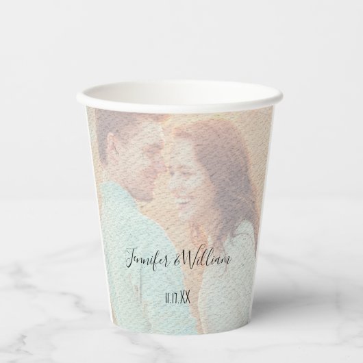 テクスチャオーバーレイ色あせパーソナライズされたた写結婚真 紙コップ (正面)