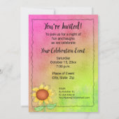 テクスチャピンクグリーンの黄色のひまわりフローラ 招待状 (裏面)