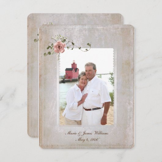 テクスチャフォトフレームとローズブーケ 招待状 (正面/裏面)