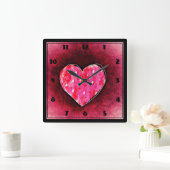 テクスチャーにピンクのハートを描いたかわいい手グランジの絵 スクエア壁時計 (ホーム)