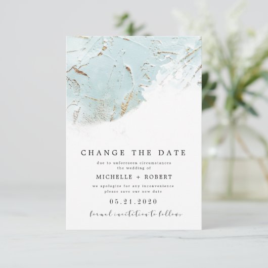 テクスチャードされた青い金ゴールド写真の日付の変更 招待状 (スタンド正面)