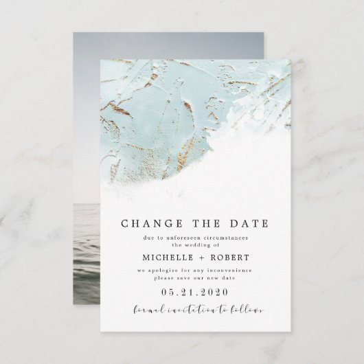 テクスチャードされた青い金ゴールド写真の日付の変更 招待状 (正面/裏面)