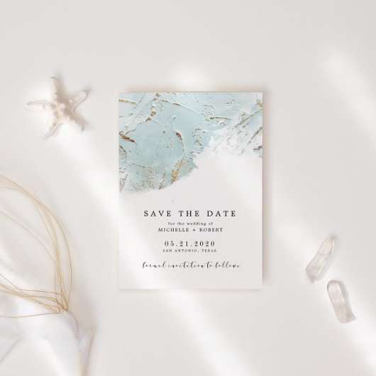 テクスチャードブルーゴールドフォイル写真Save The Date 招待状