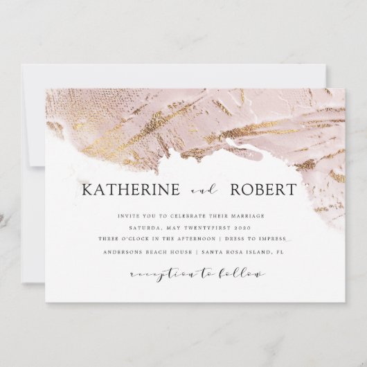 テクスチャードローズゴールドの偽の箔モダンウェディング 招待状 (正面)